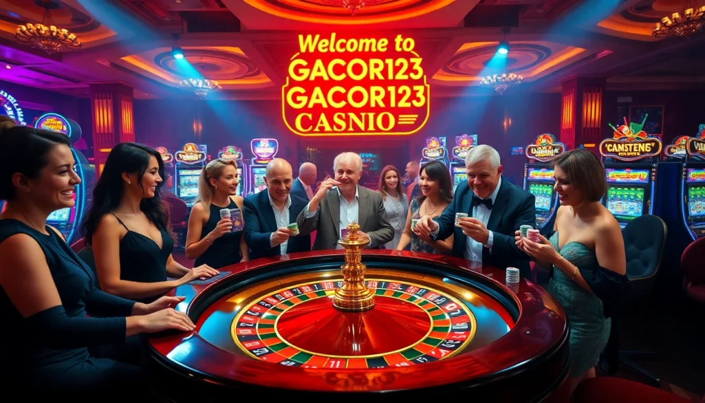 Experience the thrill at Gacor123 Casino's lively roulette table with eager players and vibrant chips.